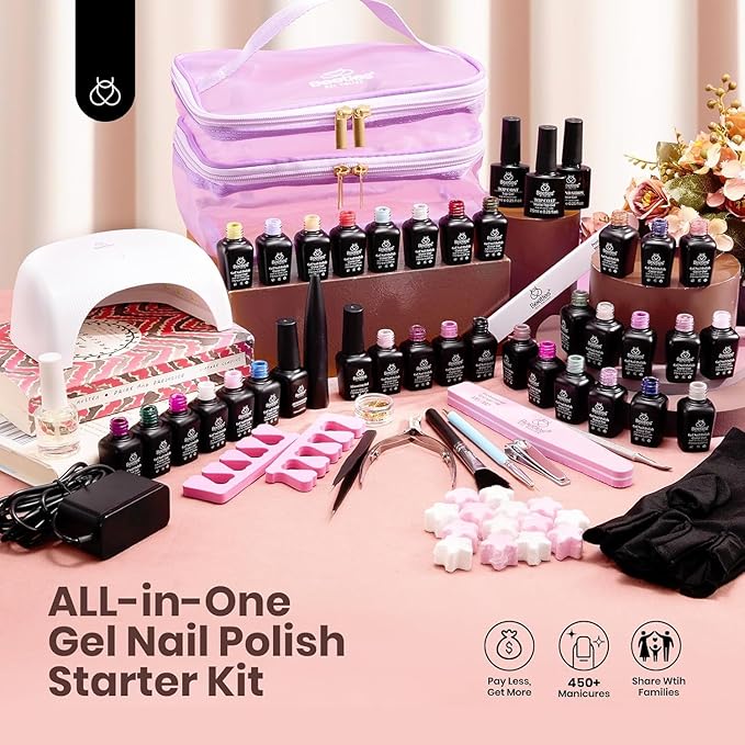 Beetles Gel Nail Polish Kit with UV Light, 55 Pcs 32 Colors Valentines Gel Nail Polish Set Green Red Gold Purple Pink Blue Nude Glitter with Uv Nail Lamp Base Matte Glossy Top Coat Gel Gifts for Women