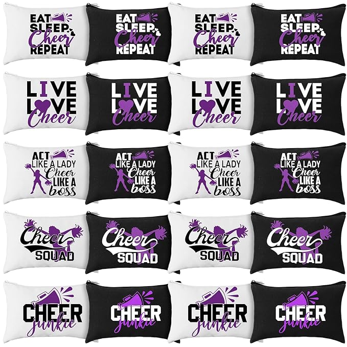Pinkunn 20 Pcs Cheer Makeup Bags Bulk Cheerleader Gifts for Women Canvas Cheer Cosmetic Pouch Toiletry Zipper Makeup Case Cheerleading Portable Travel Pouch Team Accessories(Purple)