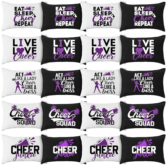 Pinkunn 20 Pcs Cheer Makeup Bags Bulk Cheerleader Gifts for Women Canvas Cheer Cosmetic Pouch Toiletry Zipper Makeup Case Cheerleading Portable Travel Pouch Team Accessories(Purple)