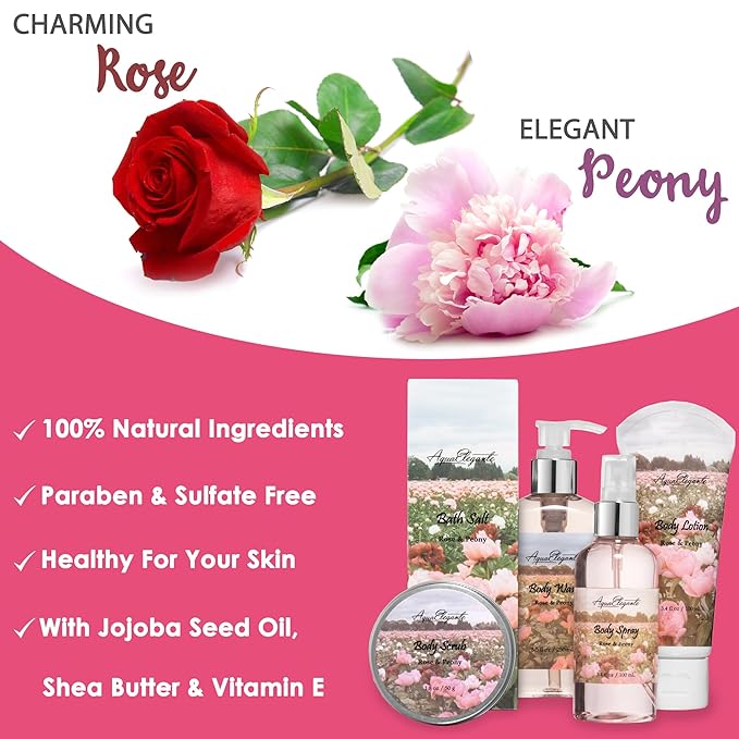 Spa Gift Baskets For Women - Luxury Bath Set With Rose Oil & Peony - Spa Kit Includes Body Wash, Bubble Bath, Lotion, Bath Salts, Body Scrub, Body Spray, Shower Puff, and Towel