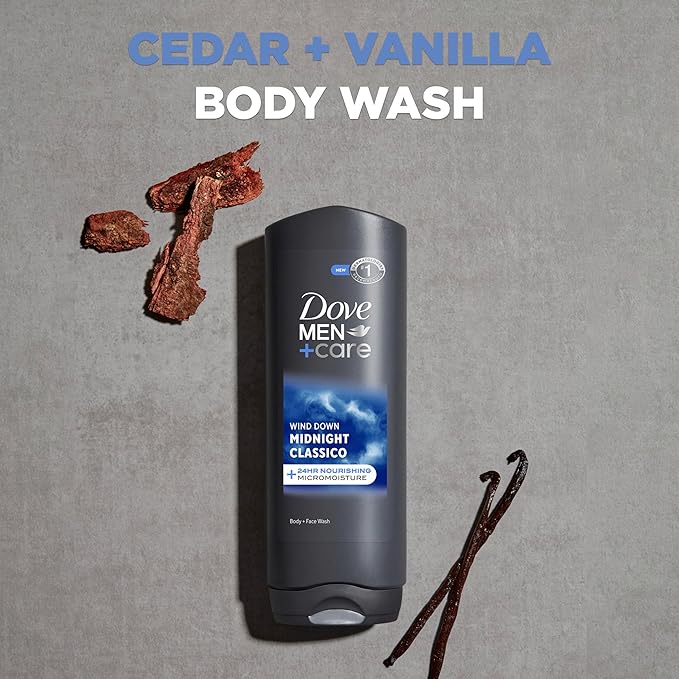 DOVE MEN + CARE Midnight Classico Body and Face Wash 4 Count for Calm, Replenished & Hydrated Skin