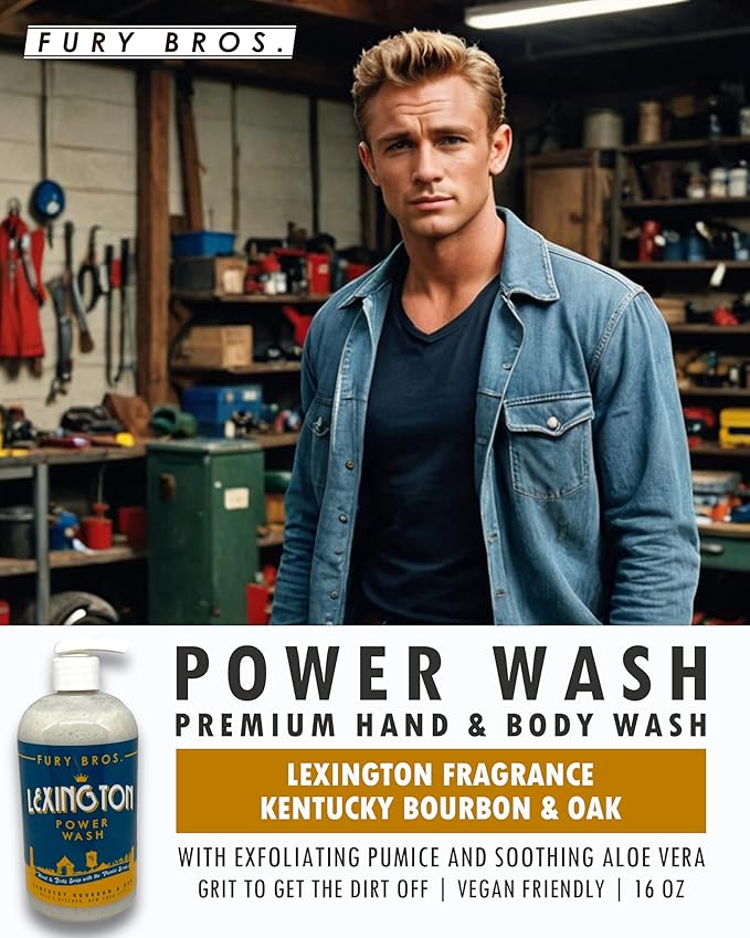 Premium Power Wash | Lexington | Kentucky Bourbon & Oak | Hand & Body Wash | Exfoliating Pumice | Moisturizing Aloe Vera | Highly Scented | Made in USA | 16 oz | Dad Men Bath