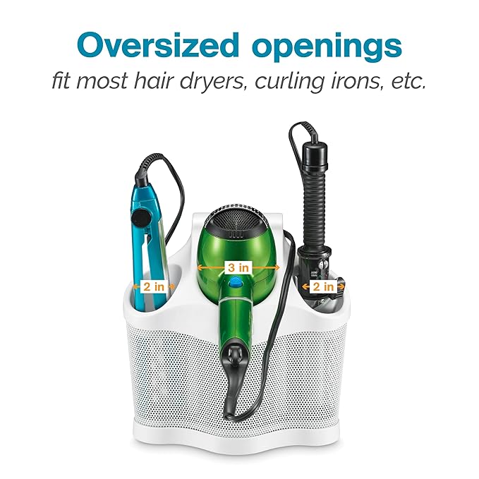 Polder Style Station, Tool Organizer for Hair Dryer, Curling Iron, and Straightener, Easy-to-Store Hair Styling Station, White and Silver