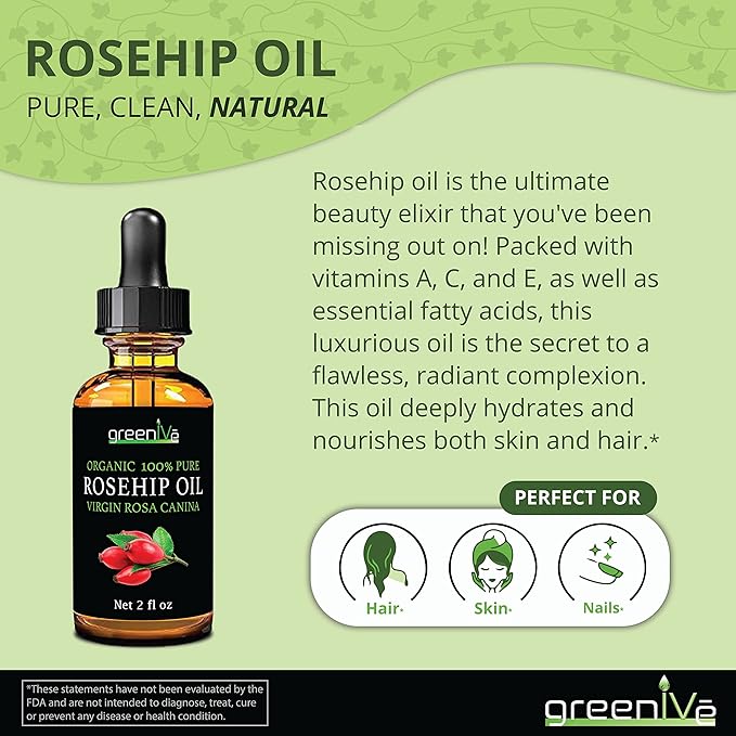 GreenIVe Organically Grown Rosehip Oil Rosa Canina 100% Pure Cold Pressed Virgin Oil Exclusively on Amazon (8 Fl Oz)