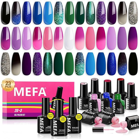 MEFA Color Changing Gel Nail Polish Kit 23 Pcs, 20 Colors Glitter Ombre Pink Dark Blue Black Green Purple Temperature Mood Changed Nail Art Set with Gloss &Matte Top and Base Coat Manicure Gifts