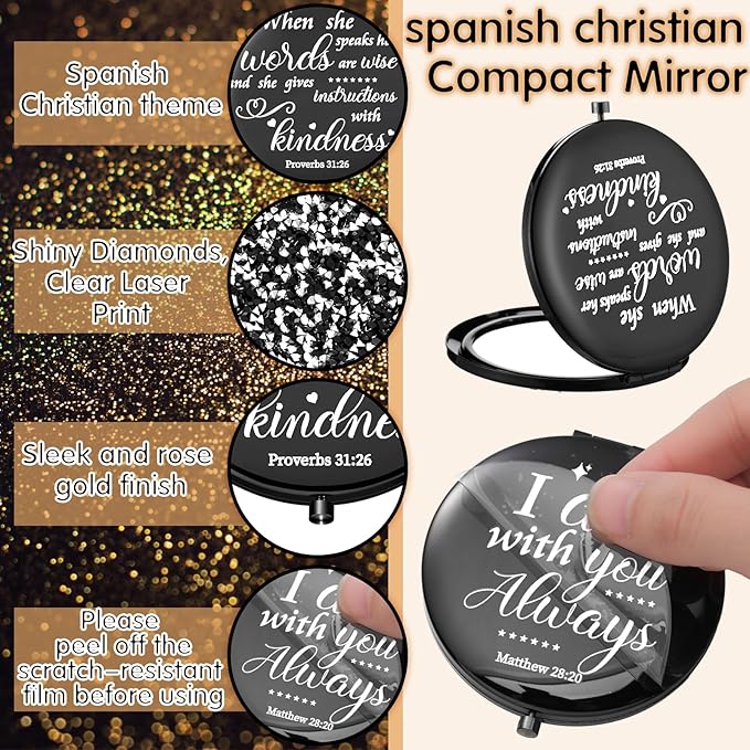 Thyle 12 Pcs Christian Compact Mirror Gifts for Women Bible Verse Bulk Hand Makeup Compact Purse Mirror Inspirational Religious Baptism Gift for Teacher Mother's Day Women Nurse(Black)