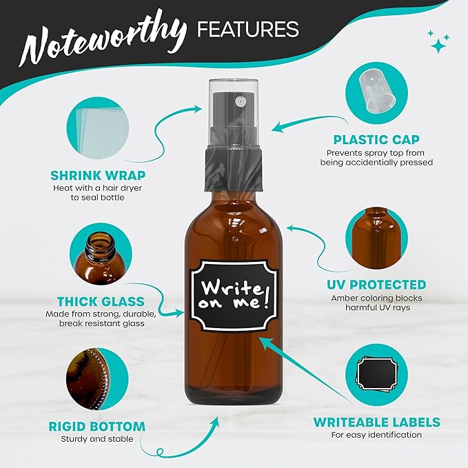 Nevlers 2 Oz Amber Glass Spray Bottles 48 Pack | Empty Spray Bottles Small Set w/Shrink Wrap, Funnel, Brush & Labels| Amber Glass Bottle Sprayer For Use as Travel Cologne Sprayer & Perfume Bottle