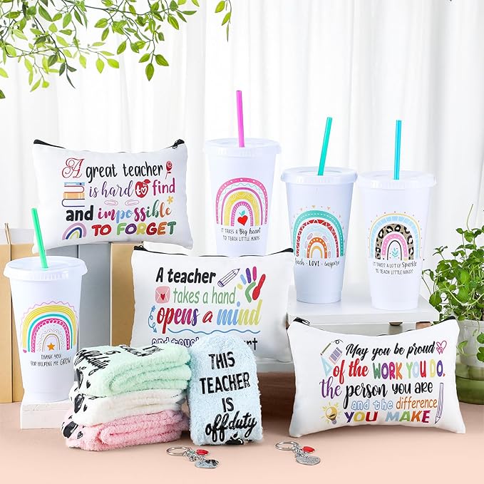 24 Pcs Teacher Appreciation Gift from Students 2025 Teachers' Day Thank You Gifts Bulk 24 oz Plastic Tumbler Cup Makeup Cosmetic Bag with Zipper Crew Sock Keychain for Retirement(Rainbow)