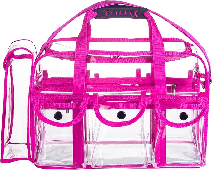 Wide Opening Large Professional Clear PVC Travel Makeup Artist Set Cosmetic Nails Beauty Bag Transparent Vinyl Tool Organizer Work Beach Diaper With 6 External Pockets & Strap (Pink)