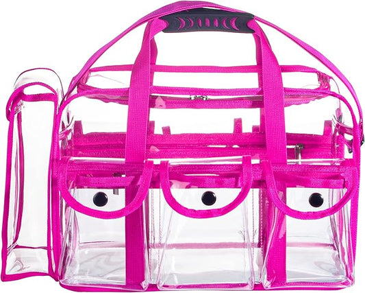 Wide Opening Large Professional Clear PVC Travel Makeup Artist Set Cosmetic Nails Beauty Bag Transparent Vinyl Tool Organizer Work Beach Diaper With 6 External Pockets & Strap (Pink)