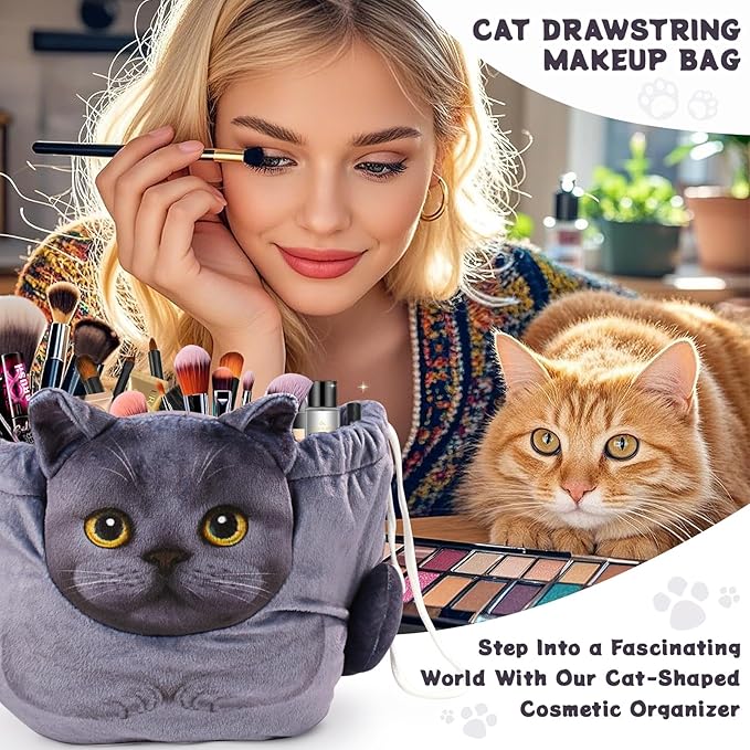 Openhaha Drawstring Makeup Organizer, Travel Cosmetic Pouch - Cat Gift for Women, Lay Flat Makeup Bag Gifts for Cat Lovers