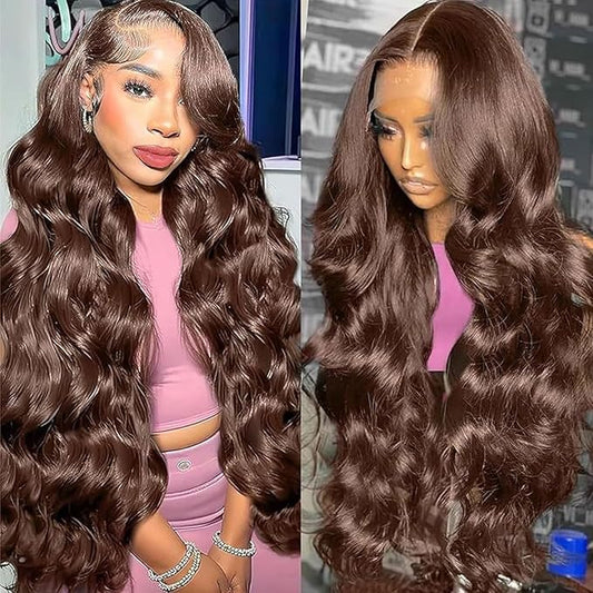 32Inch Lace front wig human hair Chocolate brown Lace Front Wig Human Hair Pre Plucked Brown Wig Human Hair Body Wave 4# Colored 13x6 Body Wave Lace Front Wigs Human Hair 200% Density