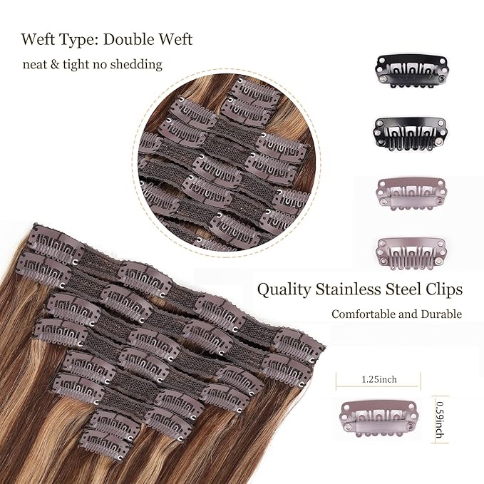 Clip in Human Hair Extensions,120g 8pcs Lace Clip in Real Human Hair Extensions Straight 4/27 Balayage Strawberry Blonde to Medium Brown 14inch