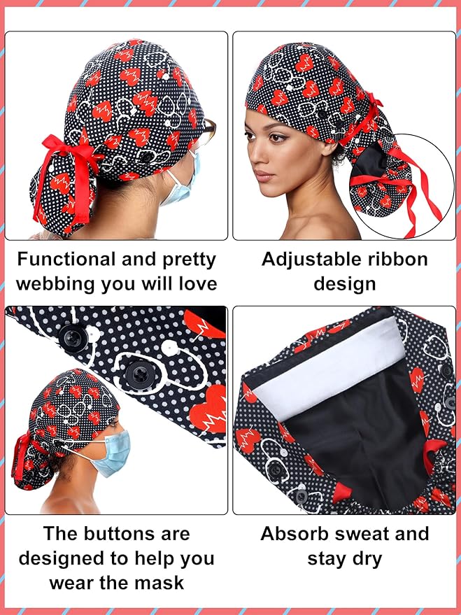 6 Pcs Satin Lined Scrub Caps Women Nurse Surgical Hat with Buttons Ponytail Working Adjustable Pouch Tie Back