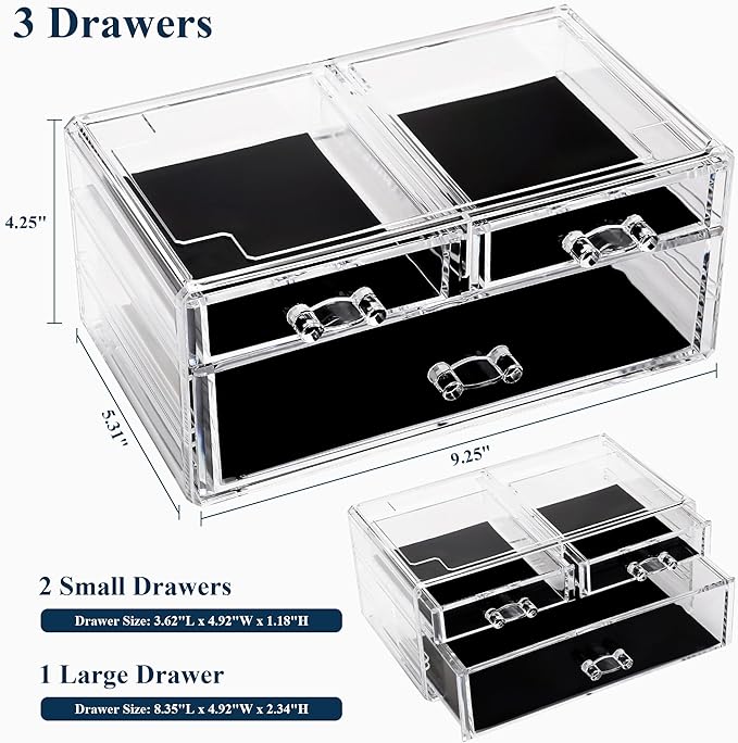 Sea Team Clear Makeup Organizer with Drawers, Acrylic Plastic Cosmetic Display Case, Jewelry Storage Box, Holder for Dresser, Bathroom, Vanity, Countertop (1 Large, 2 Small Drawers)
