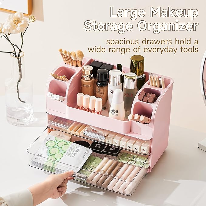 Makeup Organizer for Vanity with 2 Large Drawers, Cosmetic Display Case with Brush Holders, Easy to Storage for Bathroom Countertop Skincare, Desk Office Supplies, Pink