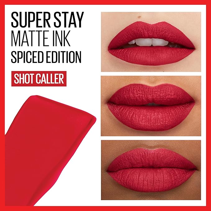 Maybelline Super Stay Matte Ink Liquid Lipstick Makeup, Long Lasting High Impact Color, Up to 16H Wear, Shot Caller, Bright Pinky Red, 1 Count, Packaging May Vary