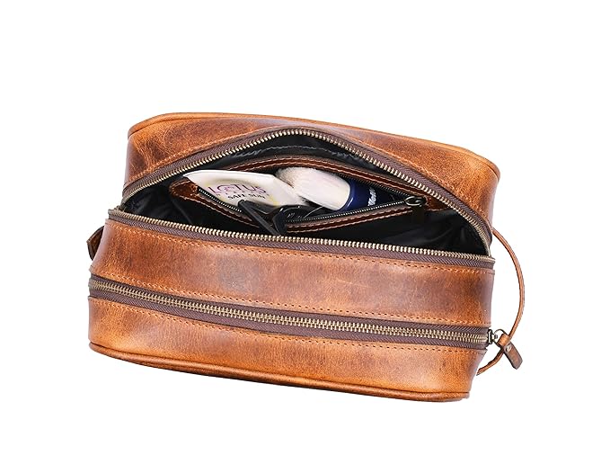 Aaron Leather Goods Leather Toiletry Bag for Men and Women Brown 10.5 Inch (Caramel)