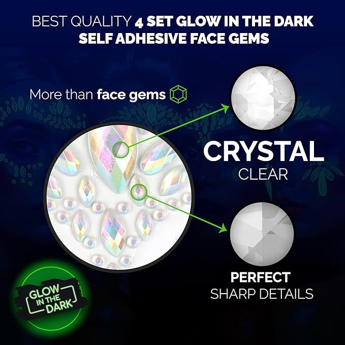 Face Gems Adhesive Glitter Jewel Tattoo Sticker Festival Gems Rave Party Body Make Up (GLOW IN THE DARK)