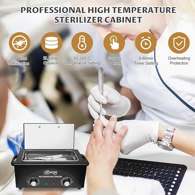 High Temperature Metal Tool Cleaning Box, 2L Dry Heat Cabinet Beauty Hair Nail Metal Tool Cleaning for Manicure Pedicure Barber, with 0-60 Min Timer & 50-220℃ Temp Settings, Plastic Sterilization Tray