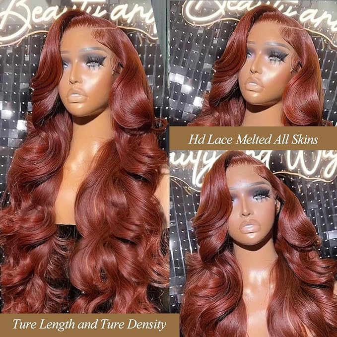 30 Inch Reddish Brown 180 Density Body Wave HD Lace Frontal Wigs Human Hair 13X6 Lace Front Wigs Human Hair 350# Body Wave Human Hair Wig Pre Plucked for Women Human Hair Wig