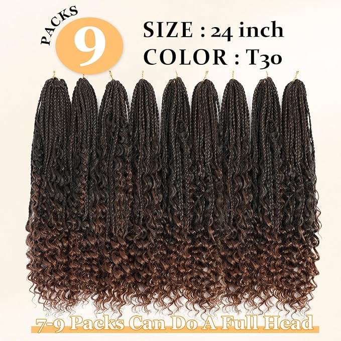 9 Packs Goddess Box Braids Crochet Hair Boho Crochet Box Braids With Curly Ends Crochet Hair For Black Women, 24 Inch Pre Looped Bohemian Crochet Box Braids Hair (24Inch 9 Packs,T30#)