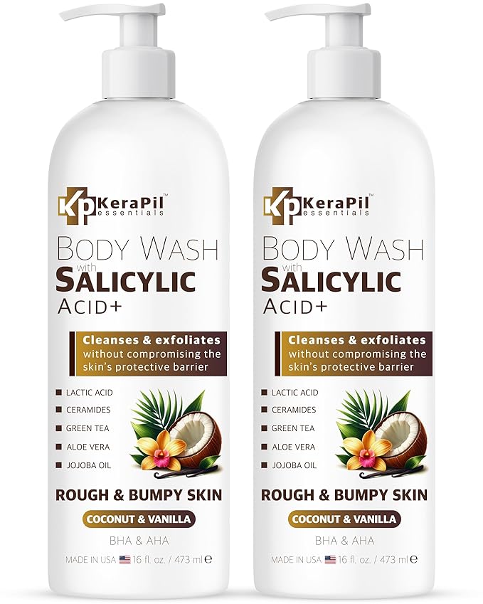 Exfoliating Body Wash with Salicylic Acid - No Dry Out, Gentle Exfoliates Rough and Bumpy Skin, Body Acne Wash, BHA & AHA - Coconut and Vanilla Salicylic Acid Body Wash - (16 fl oz x 2)