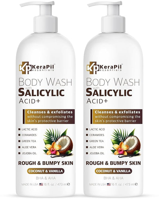 Exfoliating Body Wash with Salicylic Acid - No Dry Out, Gentle Exfoliates Rough and Bumpy Skin, Body Acne Wash, BHA & AHA - Coconut and Vanilla Salicylic Acid Body Wash - (16 fl oz x 2)
