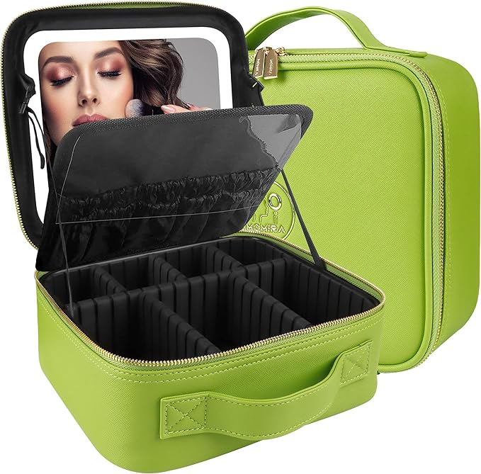 MOMIRA Travel Makeup Bag Cosmetic Bag Makeup Organizer Bag with Lighted Mirror, Adjustable Brightness in 3 Color Scenarios, Waterproof Makeup Train Case, Gift for Women - Grass Green