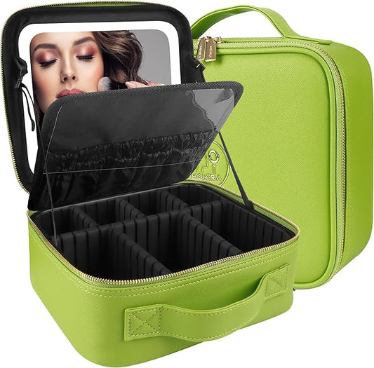 MOMIRA Travel Makeup Bag Cosmetic Bag Makeup Organizer Bag with Lighted Mirror, Adjustable Brightness in 3 Color Scenarios, Waterproof Makeup Train Case, Gift for Women - Grass Green