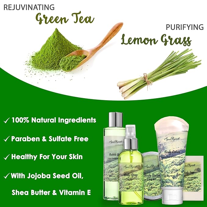 Spa Gift Baskets For Women - Luxury Bath Set With Green Tea & Lemongrass - Spa Kit Includes Body Wash, Bubble Bath, Lotion, Body Butter, Soap, Shower Puff, and Towel