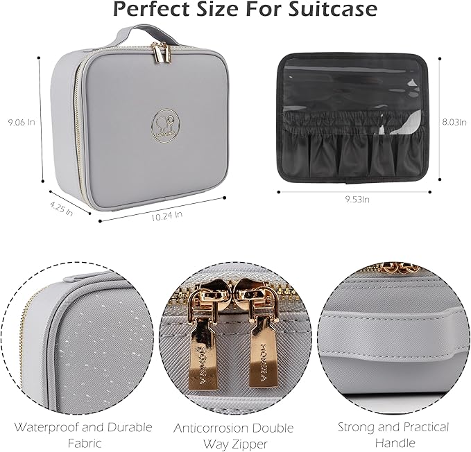 MOMIRA Travel Makeup Bag Cosmetic Bag Makeup Organizer Bag with Lighted Mirror, Adjustable Brightness in 3 Color Scenarios, Waterproof Makeup Train Case, Gift for Women - Grayish