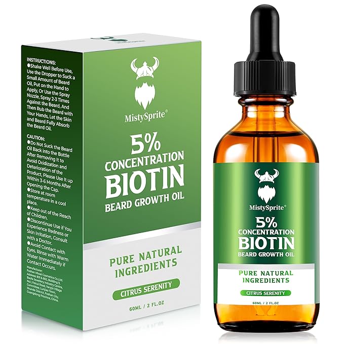 Beard Growth Oil - 5% Concentration Biotin Beard Oil for Men (2 oz) - Natural Mens Beard Oil with Argan Oil, Jojoba Oil and Vitamin, Beard Growth Softener, Moisturizer (Citrus Serenity)