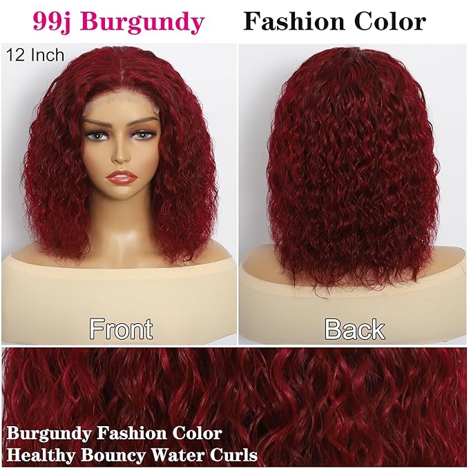 5×5 Closure Bob Wig Human Hair Glueless Wigs Human Hair Pre Plucked Pre Cut Short Curly Wig Water Wave Middle Part 99j Red Wigs for Women Lace Frontal Wigs for Black Women 12 Inch