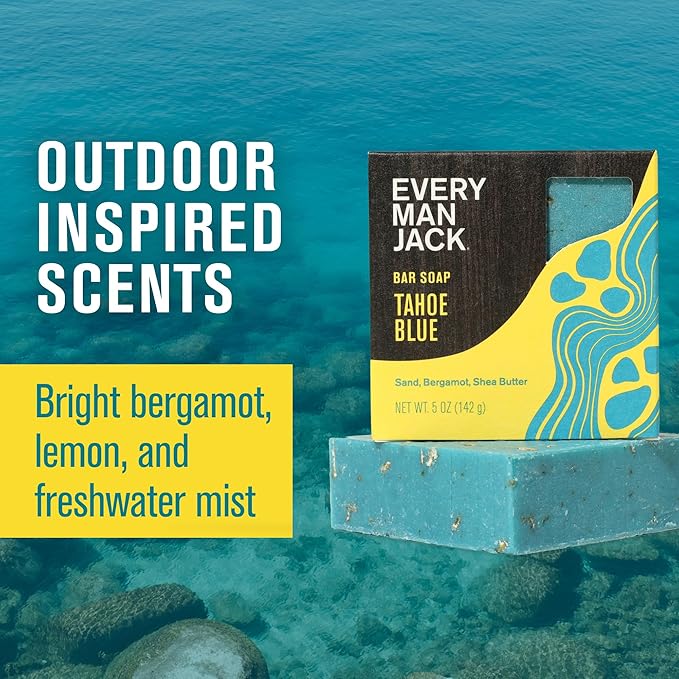Every Man Jack Cold Plunge Mens Bar Soap - Tahoe Blue Scent with notes of Bergamot, Lemon, Freshwater Mist - Deeply Cleans, Hydrates with Naturally Derived Ingredients and Medium Grit - 5oz (2 Pack)