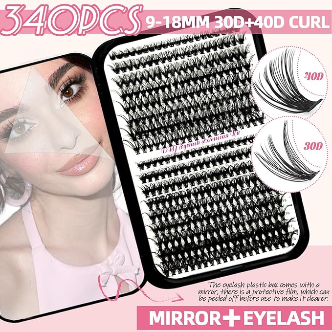 DIY Fluffy Lash Extension Kit 900Pcs D Curl 9-18mm Lash with Lash Bond and Seal,Quick Glue Remover Lash Shampoo Cleansing Brush Wristband Tweezers Eyelash Brush Mini Applicator (LASH005)