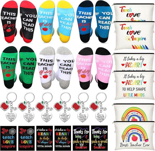 24 Pieces Women Teacher Appreciation Thank You Gift Set, Socks, Makeup Bags, Inspirational Notepads, Keychains for Christmas(Stylish)