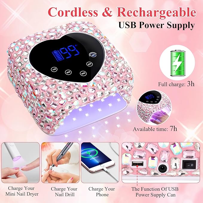 Cordless UV Led Nail Lamp, Diamond UV Nail Lamp for Gel Nails, Rechargeable Nail Dryer, Heart with 5 Timer and LCD Monitor, Professional for Valentines Day Gifts and Home Salon