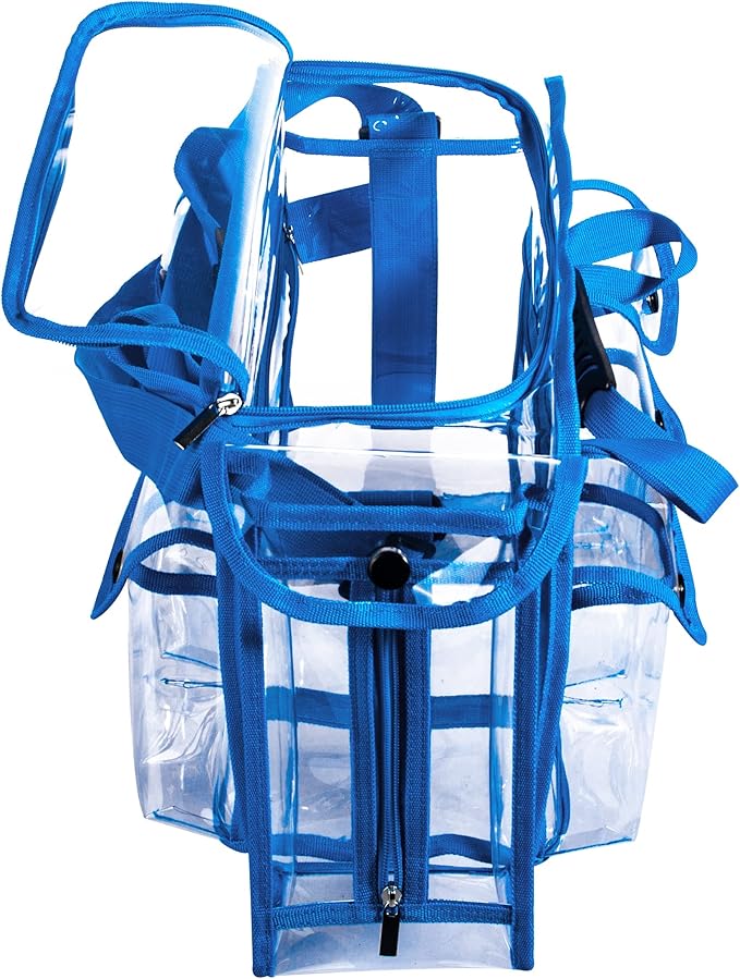 Wide Opening Large Professional Clear PVC Travel Makeup Artist Set Cosmetic Nails Beauty Transparent Vinyl Tool Organizer Work Beach Diaper Bag With 6 External Pockets & Strap (Blue)