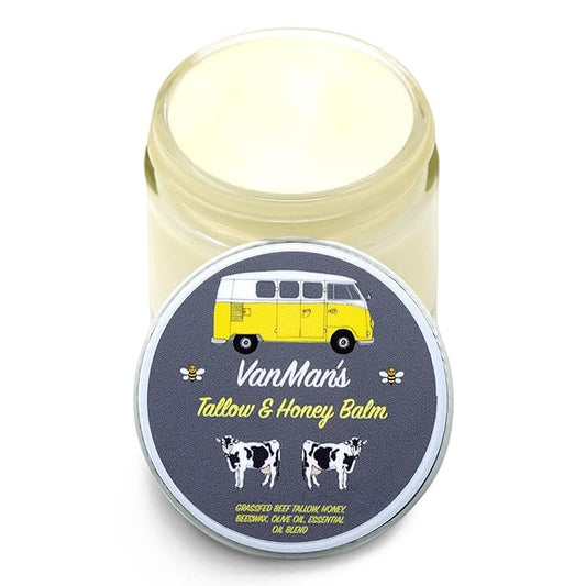 Vanman's Tallow and Honey Balm - Tallow Face Moisturizer with Grass-Fed/Finished Beef Tallow for Skin and Essential Oils, Organic Raw Honey and Beeswax, Cold Pressed Olive Oil - 2 oz