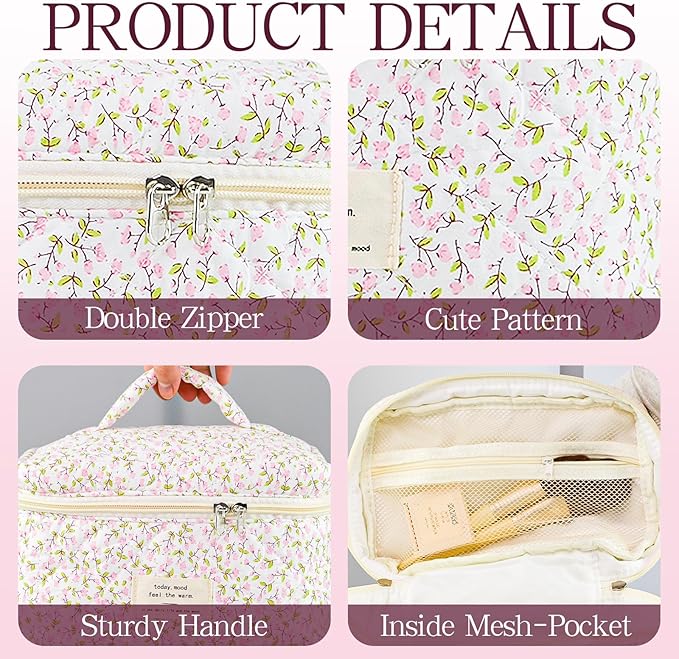Makeup Bag, 3 PCS Quilted Makeup Bag, Cute Floral Cotton Cosmetic Bag set, Coquette Makeup Pouch Large Travel Toiletry Bag