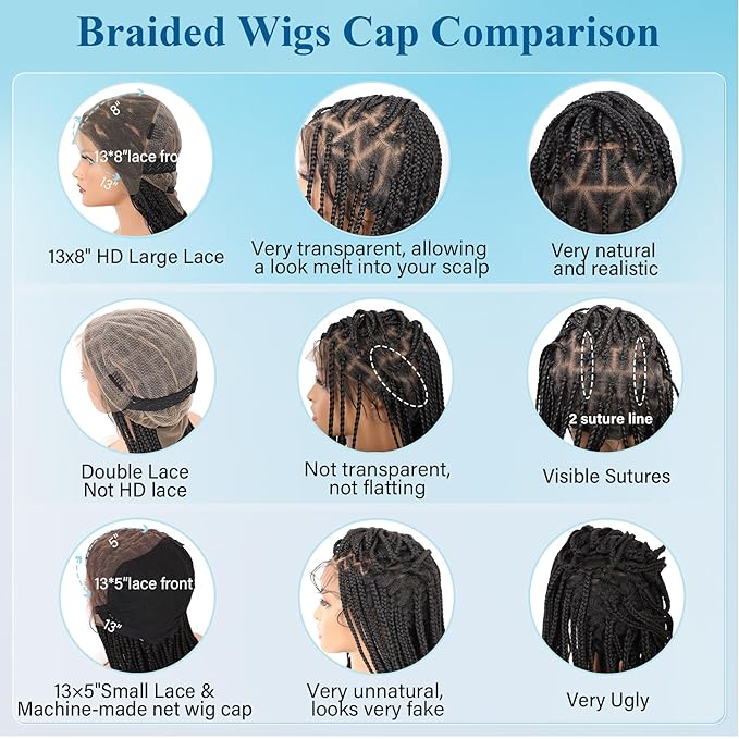 13x8'' HD Lace Front Boho Braided Wigs for Black Women Knotless Box Braid Wig Human Hair Blended Braided Lace Front Wig with Baby Hair Long Black 36 Inch