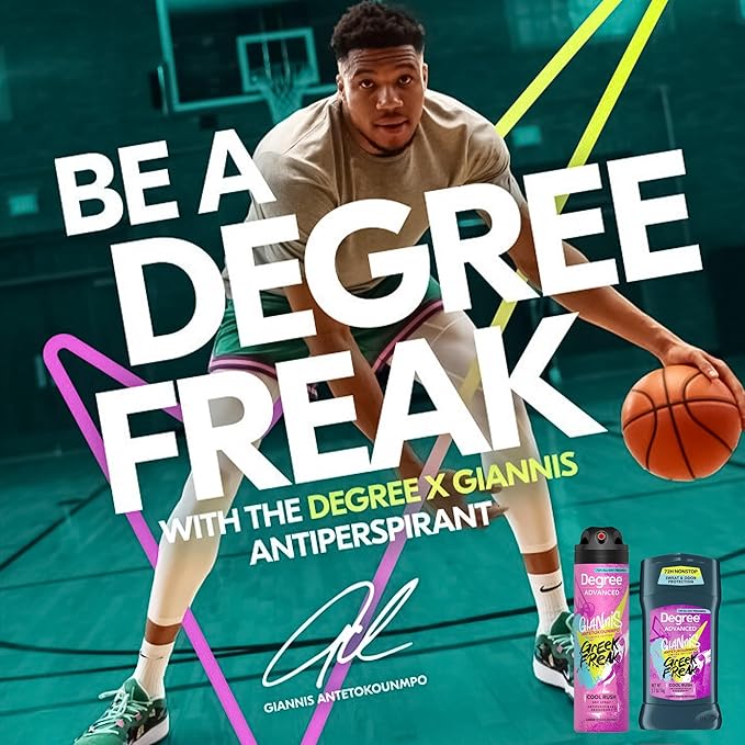 Degree Men’s Antiperspirant Deodorant, Cool Rush, 5-Pack – Giannis Antetokounmpo “Greek Freak” Limited Edition, 72H Sweat & Odor Protection, 2.7 Oz Ea