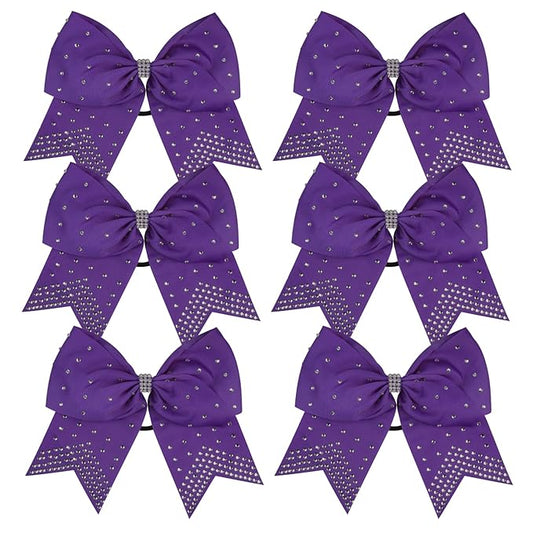 8 Inch Cheerleader Bows Ponytail Holder with Bling Fling Rhinestones Hair Tie Cheerleading Bows 6 Pcs (Purple)