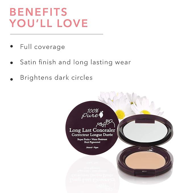 100% PURE Fruit Pigmented Long Last Compact Concealer, Creme, Full Coverage Concealer, Diminish Dark Circles (Light with Neutral Undertones) - 0.11oz