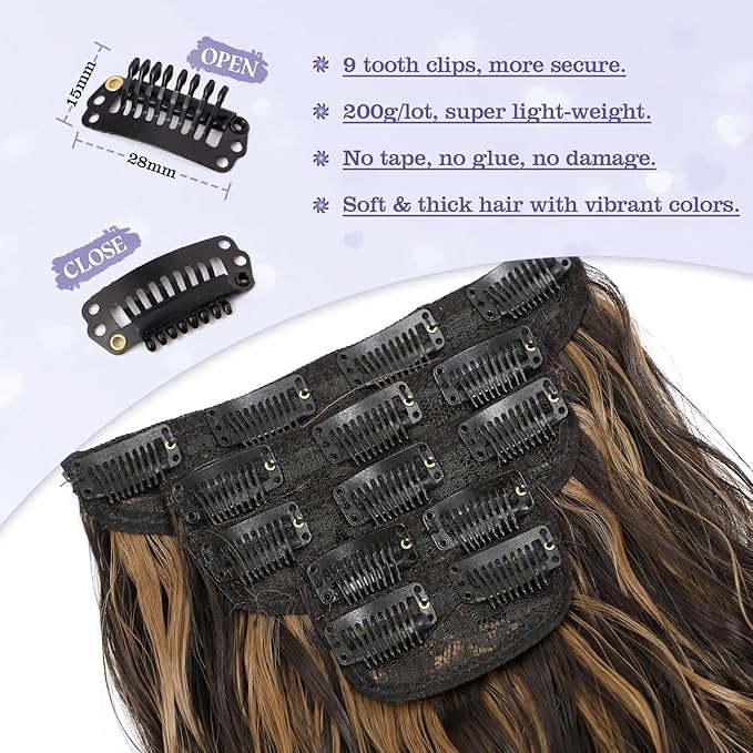 10 Inch Short Clip in Hair Extensions 5Pcs Dark Brown Mix Caramel Blonde Curly Synthetic Hair Pieces Soft Thick Clip in Bob Hair Extensions for Women