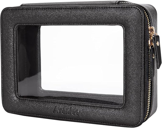 Aveniee Clear Makeup Bag Organizer, Portable Travel Toiletry Cosmetic Bag Case for Women, Heavy Duty Make Up Pouch with Transparent Vinyl Windows & Gold Zippers(Black)
