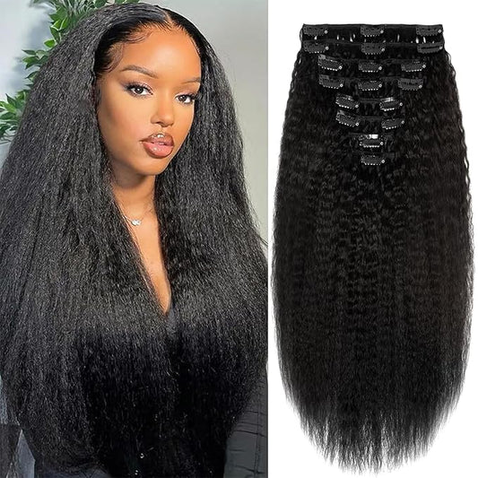 Kinky Straight Clip in Hair Extensions Real Human Hair Yaki Straight Clip ins for Women Brazilian Remy Human Hair Extensions Double Weft 8pcs 100g Per Set with 18 Clips (22 Inch, #1 Jet Black Color)