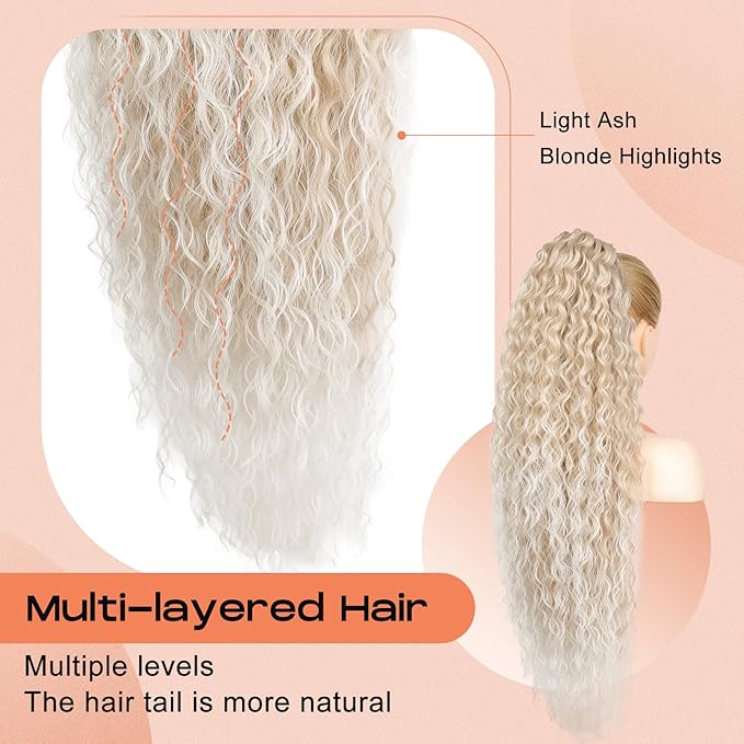 SEIKEA 36" Drawstring Ponytail Extension Long Lightweight Full Natural Curly Fake Pony Tail Multi Layered Soft Clip in Hair Extensions Ponytail Synthetic Hairpiece, Light Ash Blonde Highlights