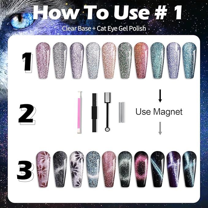 Clara Colors Magnetic Nail Polish - 20 Colors Cat Eye Gel Polish Kit Holographic Glitter Cat Eye Nail Polish with 4 Magnet, Black White Base Top Coat Gel Soak Off LED Manicure Salon DIY Art Gifts